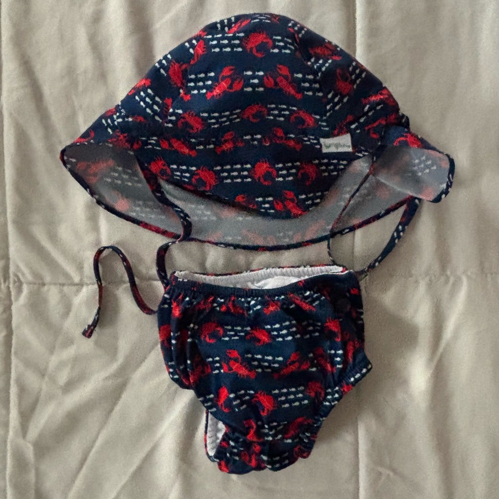Baby Swim Hat and Trunks in Blue and Red Crab Print